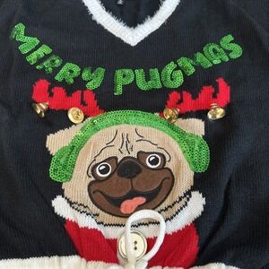 Merry Pugmas Women's Sweater Sequins & Bells  Holiday Pug X-Large Cropped NEW‎